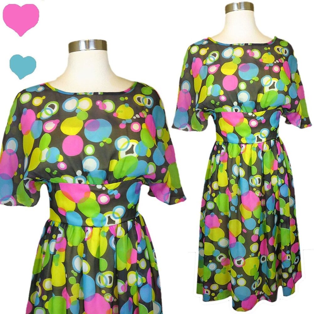 Vintage 50s 60s Dress XS Polka Dot Chiffon Prom Party Dress Rockabilly Pinup VLV